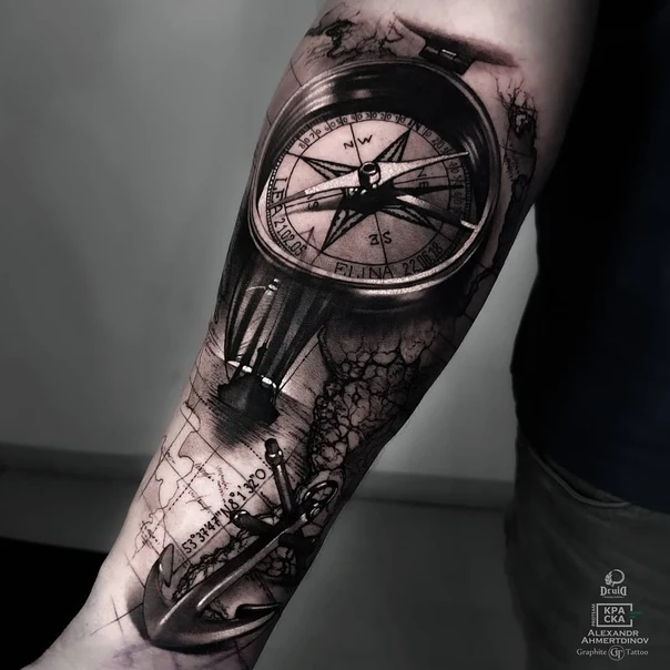 Реализм Compass, Anchor tattoo на Предплечье