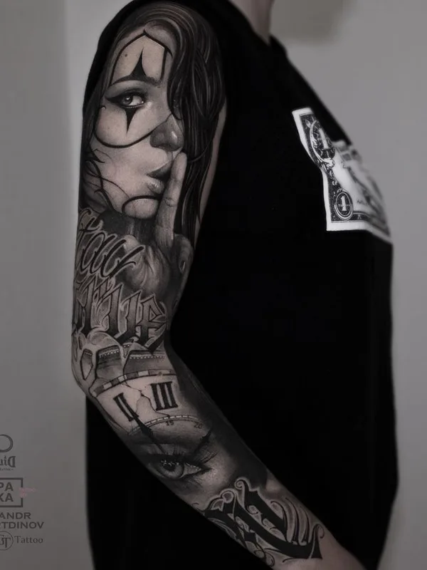 black and grey black and grey 纹身 在 full sleeve #37108 | 纹身师 Александр Ахмертдинов