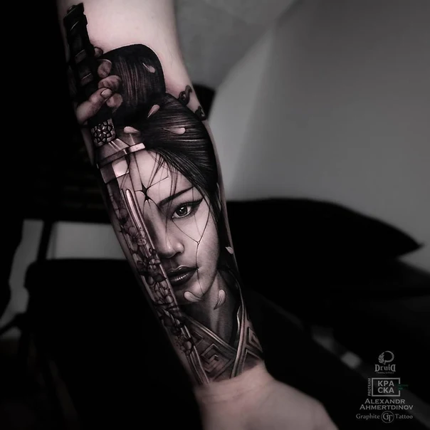 Realism Geisha, Katana tattoo on Forearm