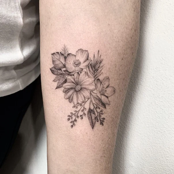 Botanic Flowers, Leaves tattoo on Forearm