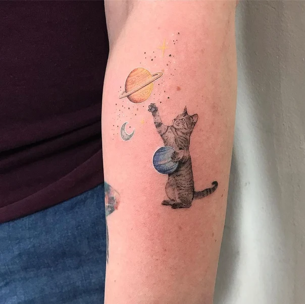 Illustrative Cat, Planets tattoo on Forearm