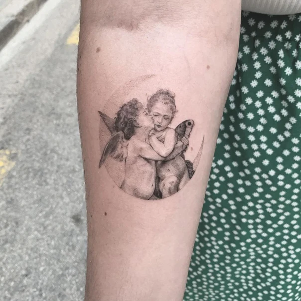 Black & Grey Angel, Moon tattoo on Forearm
