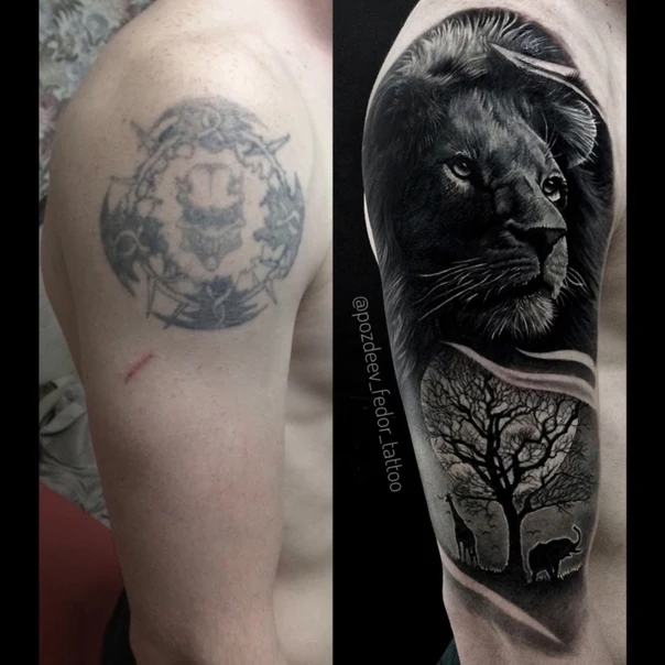 Реализм Lion, Tree tattoo на Полный рукав