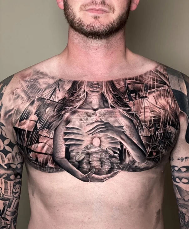 Realism Mermaid, Ships tattoo on Chest