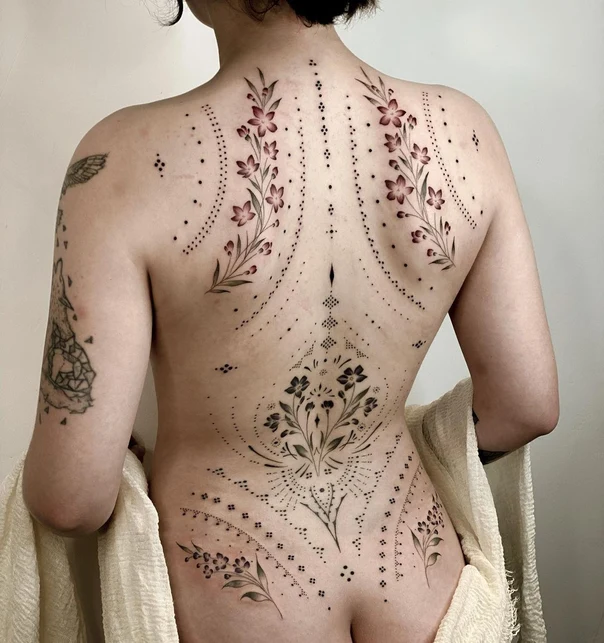Fineline Flowers, Dotwork tattoo on Full Back