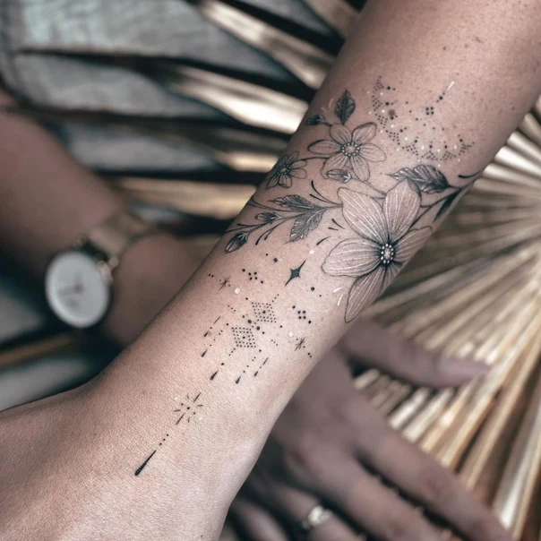 Fineline Flowers, Leaves tattoo on Forearm
