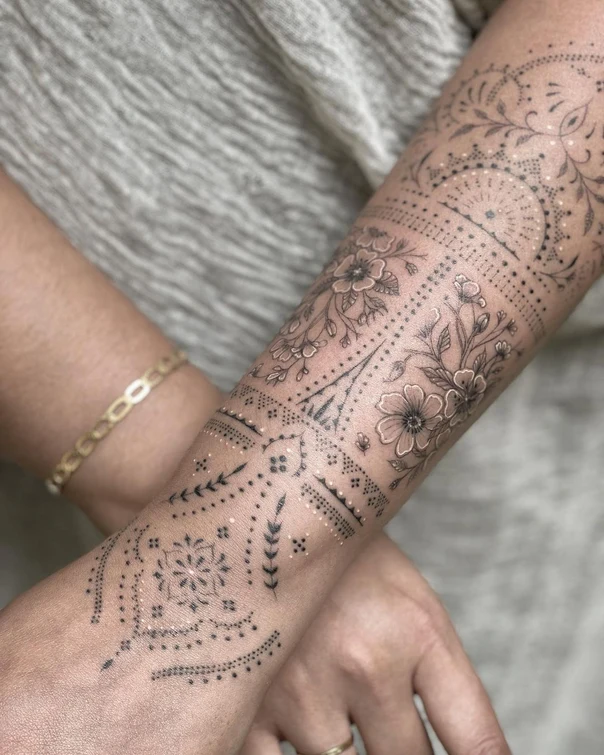 Ornamental Floral, Geometric tattoo on Forearm