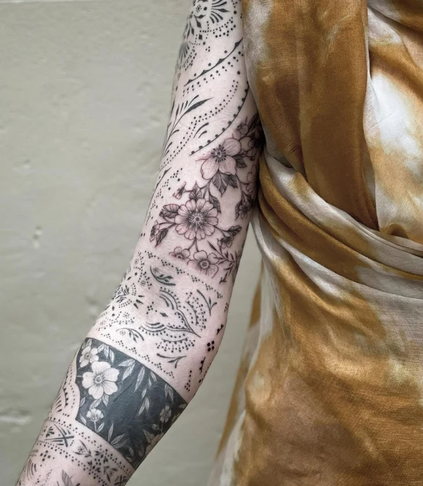Botanic Flowers, Leaves tattoo on Forearm