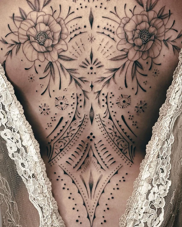 Ornamental Flowers, Geometric tattoo on Chest