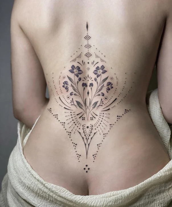 Ornamental Flowers, Geometric tattoo on Lower Back