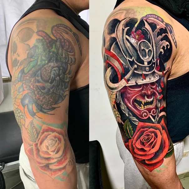 Japanese Samurai, Rose tattoo on Full Sleeve