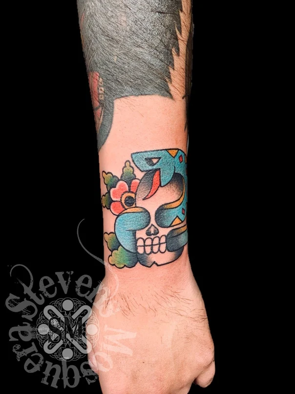 Traditional Skull, Snake tattoo on Wrist