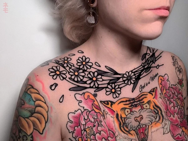 Neo Traditional Flowers, Tiger tattoo on Chest