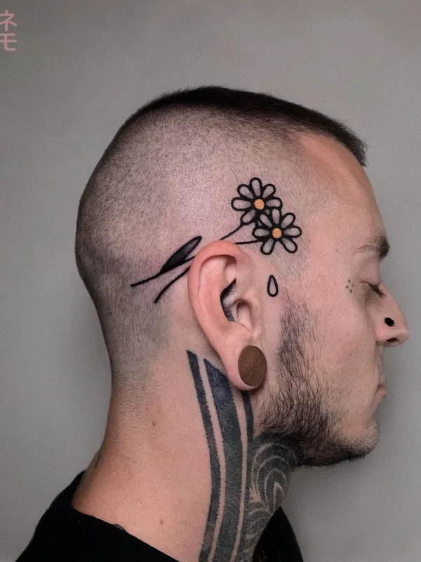 male color linework 纹身 在 behind ear #42050 | 纹身师 Flowersforyourhead