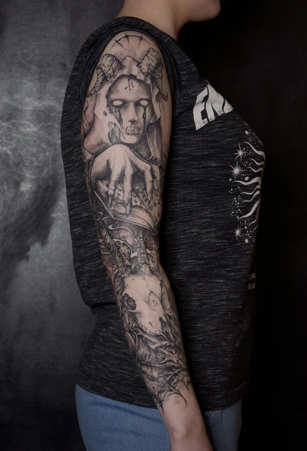 Black & Grey Skull, Demon tattoo on Full Sleeve