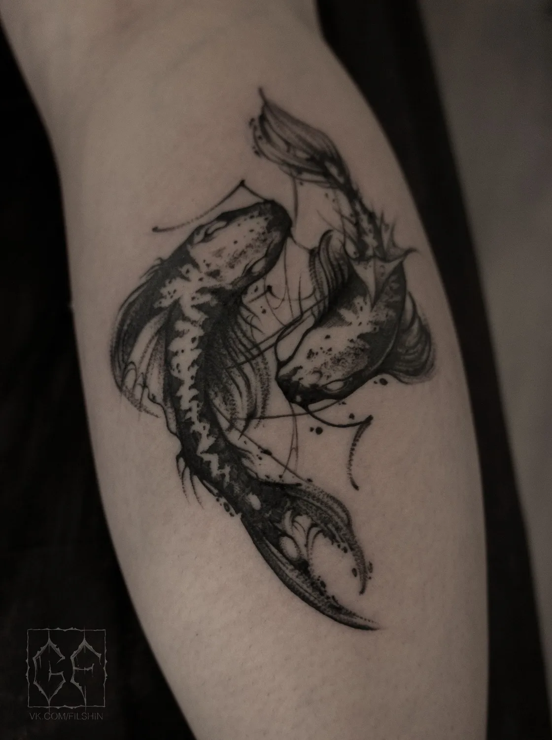 A black and grey tattoo in a sketchy illustrative style showing two koi fish swimming in opposite directions.
