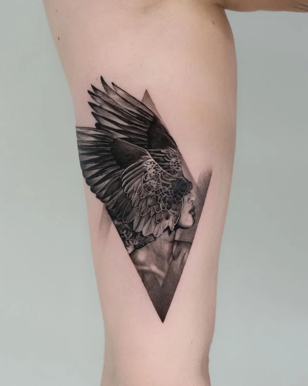 Black & Grey Wings, Portrait tattoo on Thigh