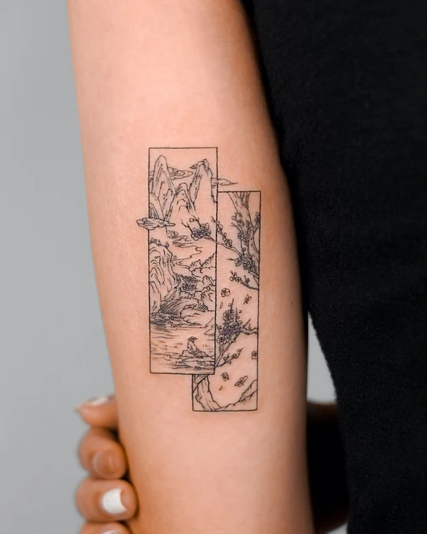 Linework Landscape, Mountains tattoo on Forearm