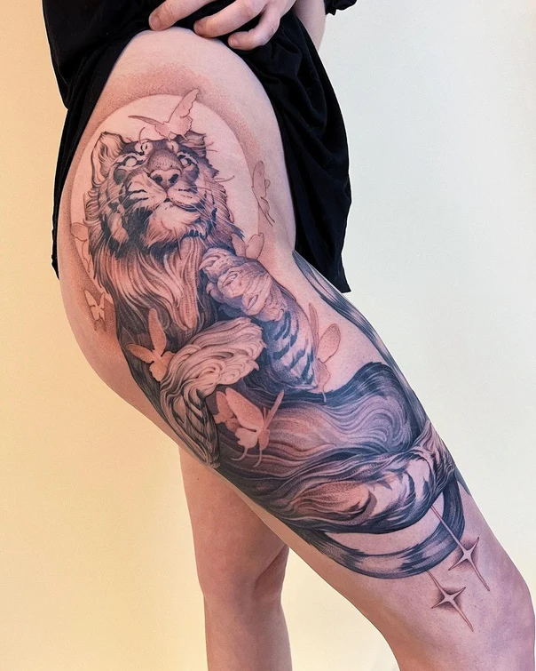 Realism Tiger, Butterflies tattoo on Thigh