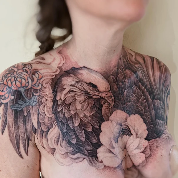Realism Eagle, Flower tattoo on Chest