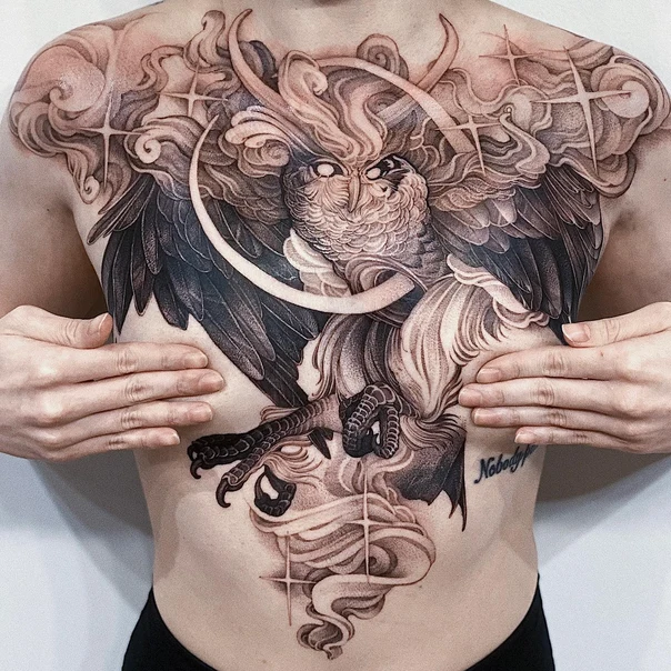 Illustrative Owl, Clouds tattoo on Chest