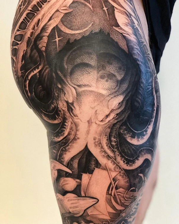 Black & Grey Octopus, Ship tattoo on Thigh
