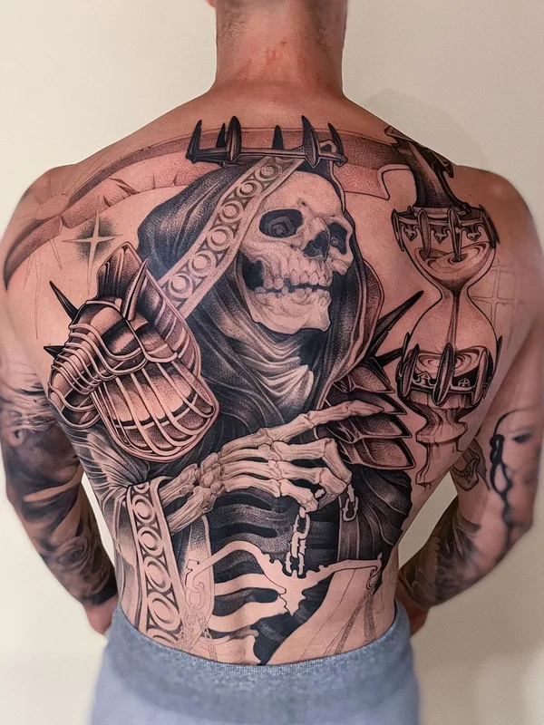 male black and grey black and grey tattoo on full back #58254 | Tattoo Artist Michael George Pecherle