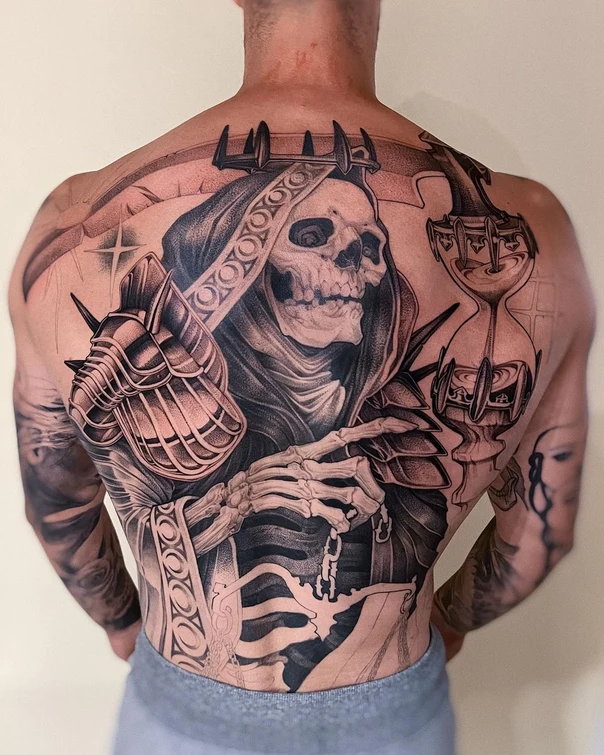 Black & Grey Skull, Grim reaper tattoo on Full Back