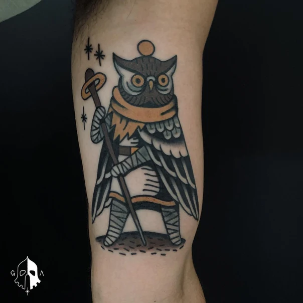 Old School Owl, Stars tattoo on Forearm