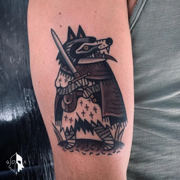 Traditional Wolf, Sword tattoo on Forearm