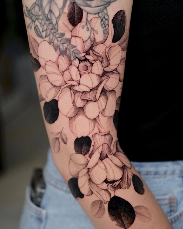 Fineline Flower, Leaves tattoo on Forearm