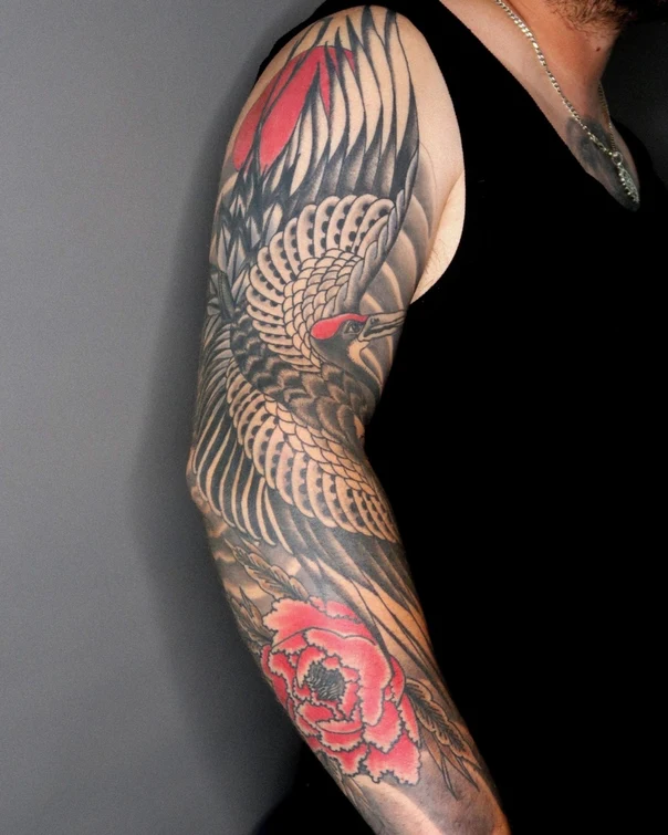 Japanese Crane, Flower tattoo on Full Sleeve