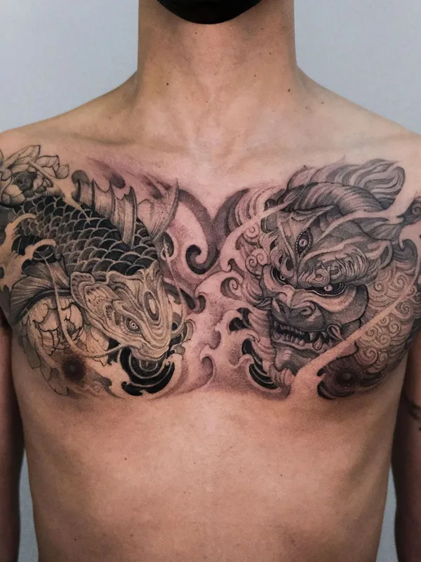 male black and grey japanese tattoo on chest #58469 | Tattoo Artist Girin Tattoo