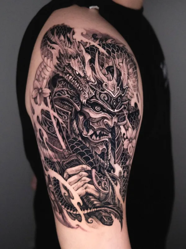 black and grey japanese tattoo on full sleeve #58465 | Tattoo Artist Girin Tattoo