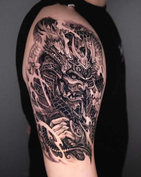 Japanese Samurai, Dragon tattoo on Full Sleeve