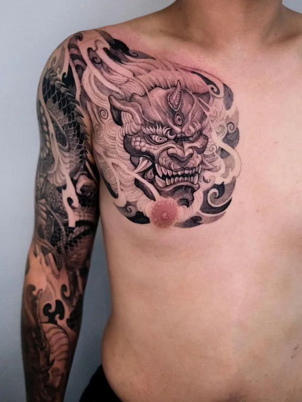 male black and grey japanese tattoo on chest #58462 | Tattoo Artist Girin Tattoo