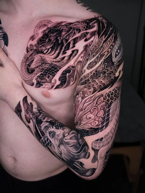 male black and grey black and grey tattoo on full sleeve #58473 | Tattoo Artist Girin Tattoo