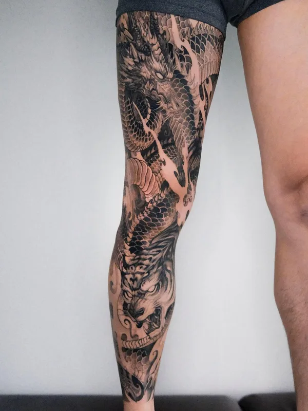 black and grey japanese tattoo on full leg #58464 | Tattoo Artist Girin Tattoo