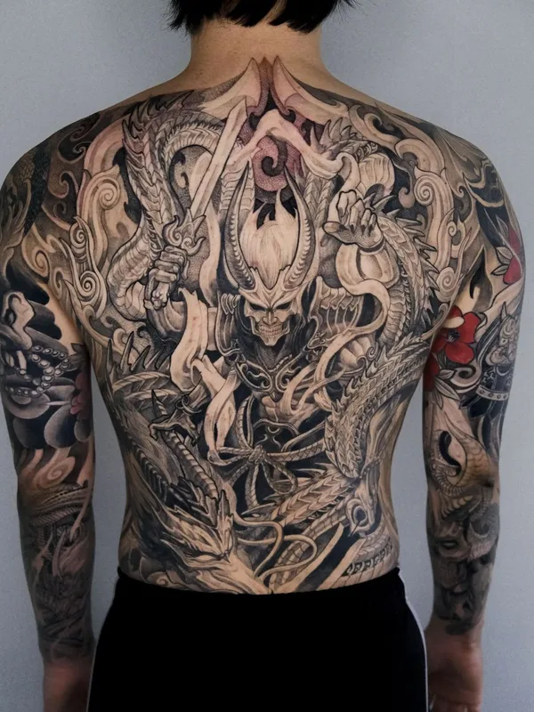 black and grey japanese tattoo on full back #58468 | Tattoo Artist Girin Tattoo