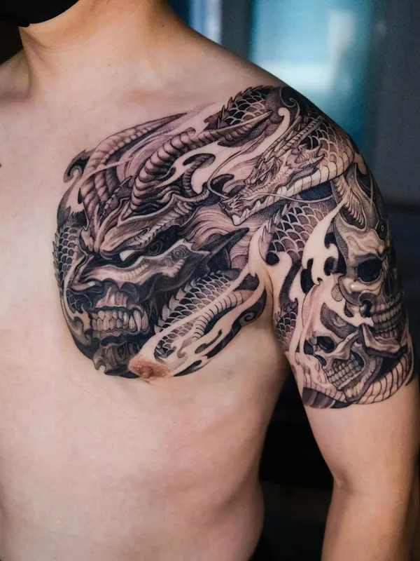 male black and grey japanese tattoo on chest #58472 | Tattoo Artist Girin Tattoo