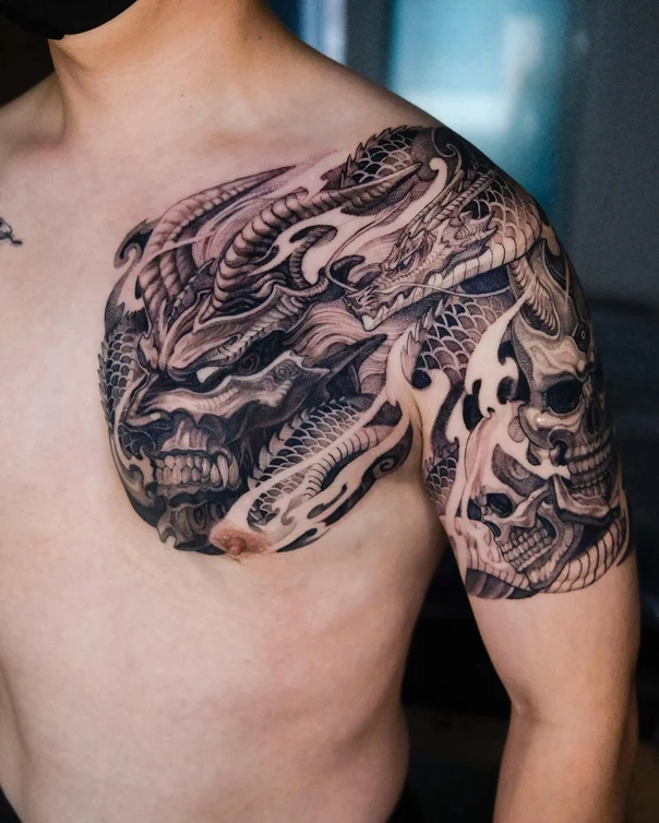 Japanese Dragon, Skull tattoo on Chest