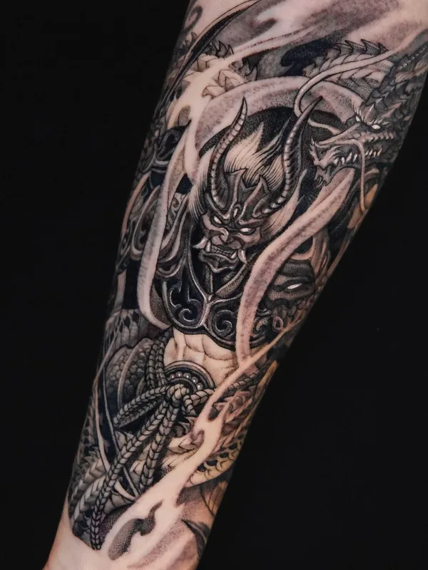 black and grey japanese tattoo on forearm #58466 | Tattoo Artist Girin Tattoo