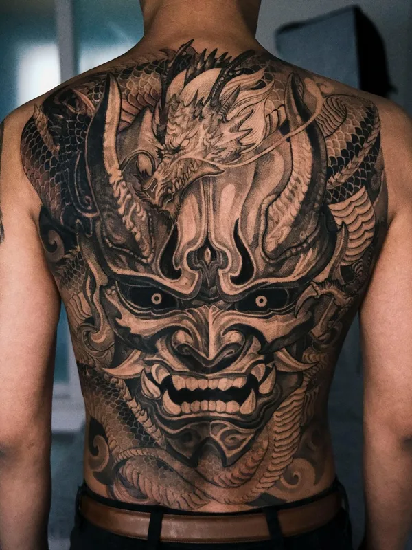 black and grey japanese tattoo on full back #58471 | Tattoo Artist Girin Tattoo