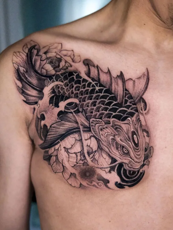 male black and grey japanese tattoo on chest #58470 | Tattoo Artist Girin Tattoo