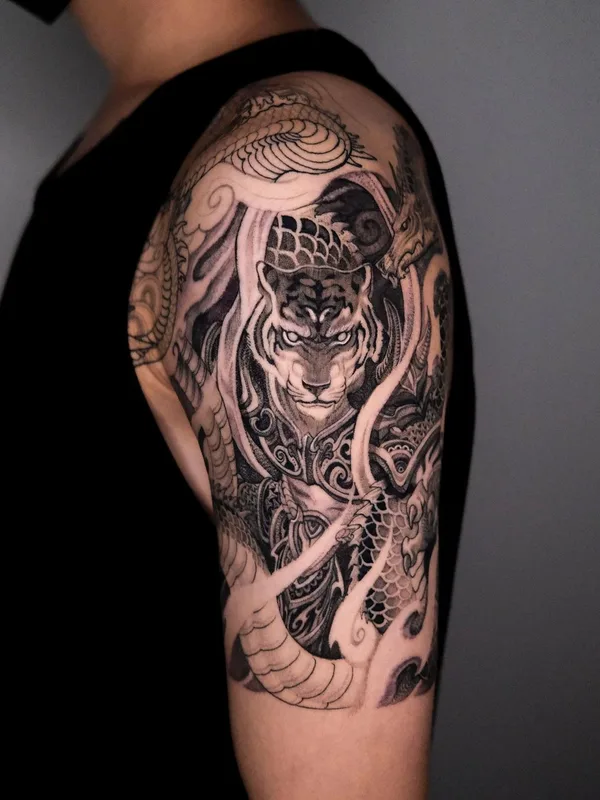 black and grey japanese tattoo on full sleeve #58463 | Tattoo Artist Girin Tattoo