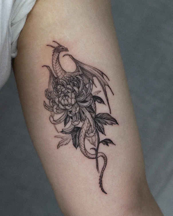 Fineline Dragon, Flower tattoo on Forearm