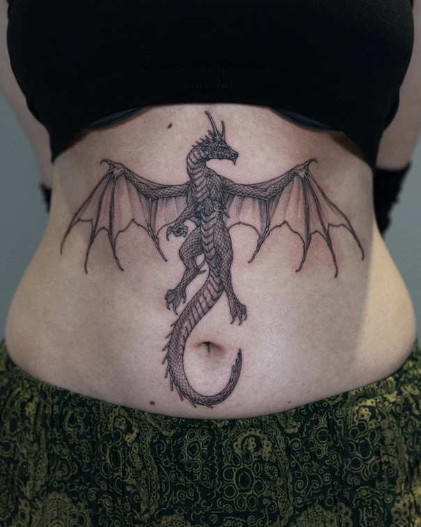 Linework Dragon tattoo on Stomach