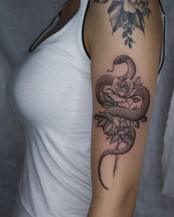 Linework Snake, Rose tattoo on Forearm