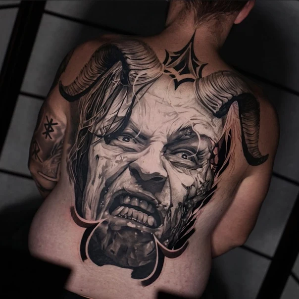 Realism Demon, Horns tattoo on Full Back