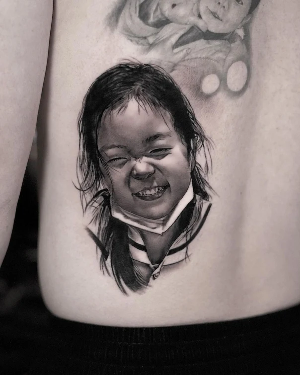 Realism Portrait, Child tattoo on Back